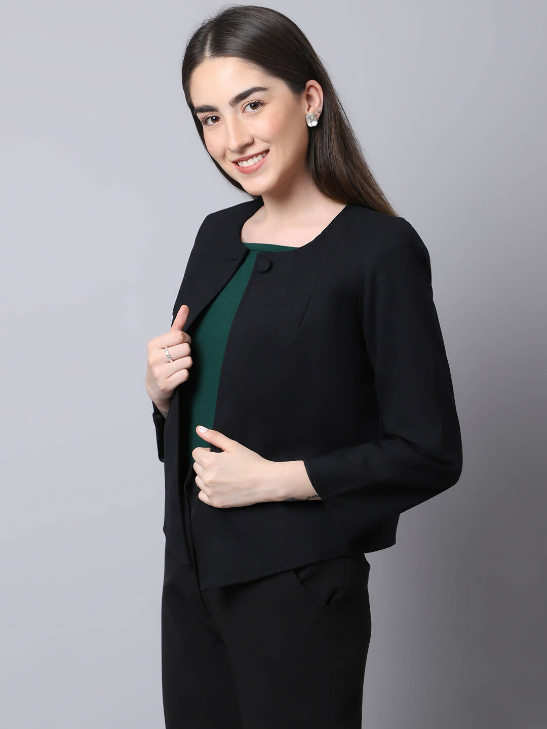 Even Apparels Black Polywool Open Front Statement Women's Jacket | Swadesiicart