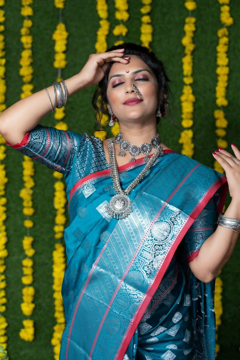 Jyoti Fashion Women's Teal Soft Handloom Silk Zari Woven Saree with Blouse | Swadesiicart