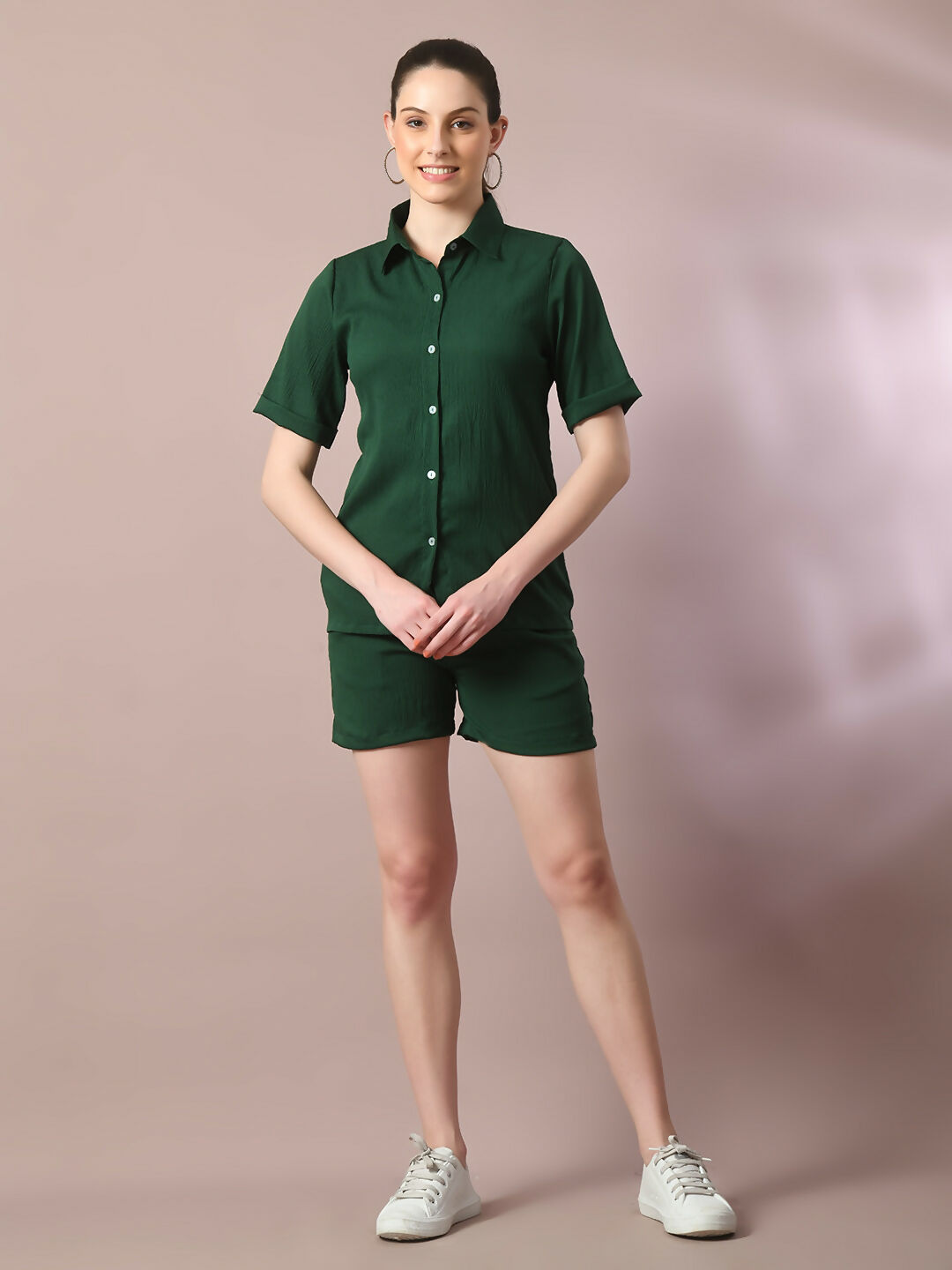 Myshka Women's Green Solid Shirt Collar Party Shirt With Shorts Co-ord set - Swadesiicart