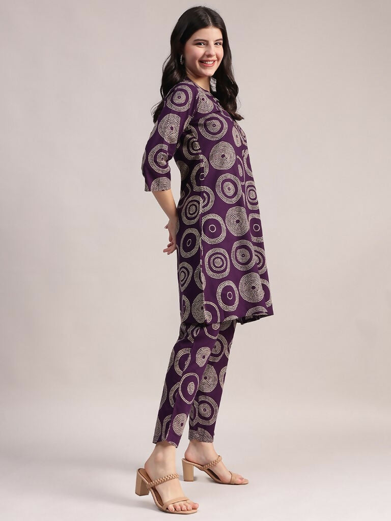 Aavyora Women's Purple Abstract Printed Pure Cotton Co-ord Set - Swadesiicart
