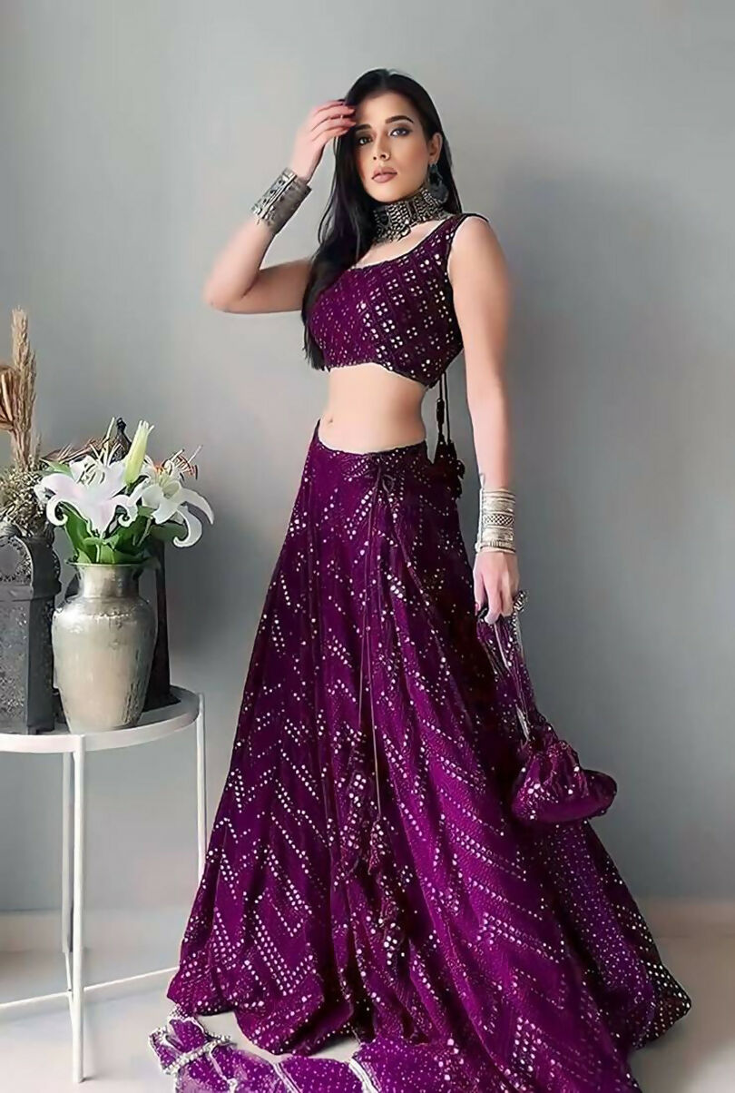 Jyoti Fashion Wine Thread Embroidery Faux Georgette Designer Lehenga Choli with Dupatta | Swadesiicart