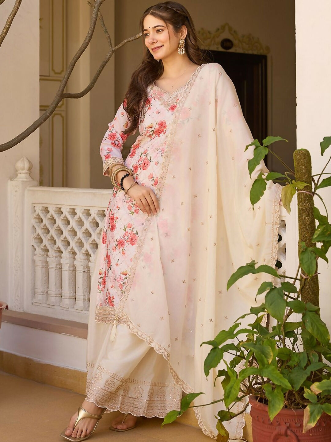 The52 White Women's Gorgeous Embroidered Chinon Fabric Straight Kurta Palazzo and Dupatta Set - Swadesiicart