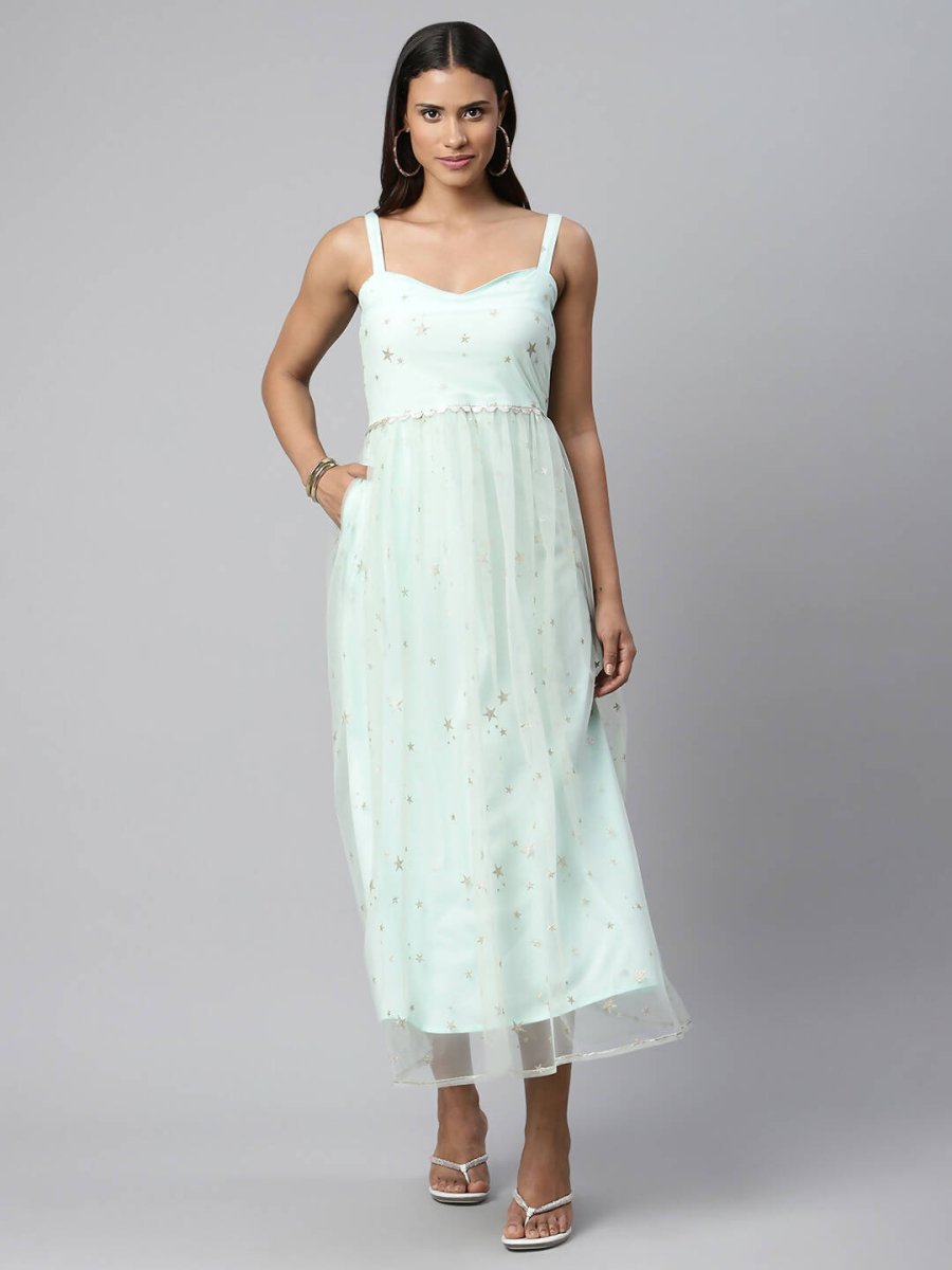 Ahalyaa Women Summer Blue Net Glitter Printed Dress | Swadesiicart