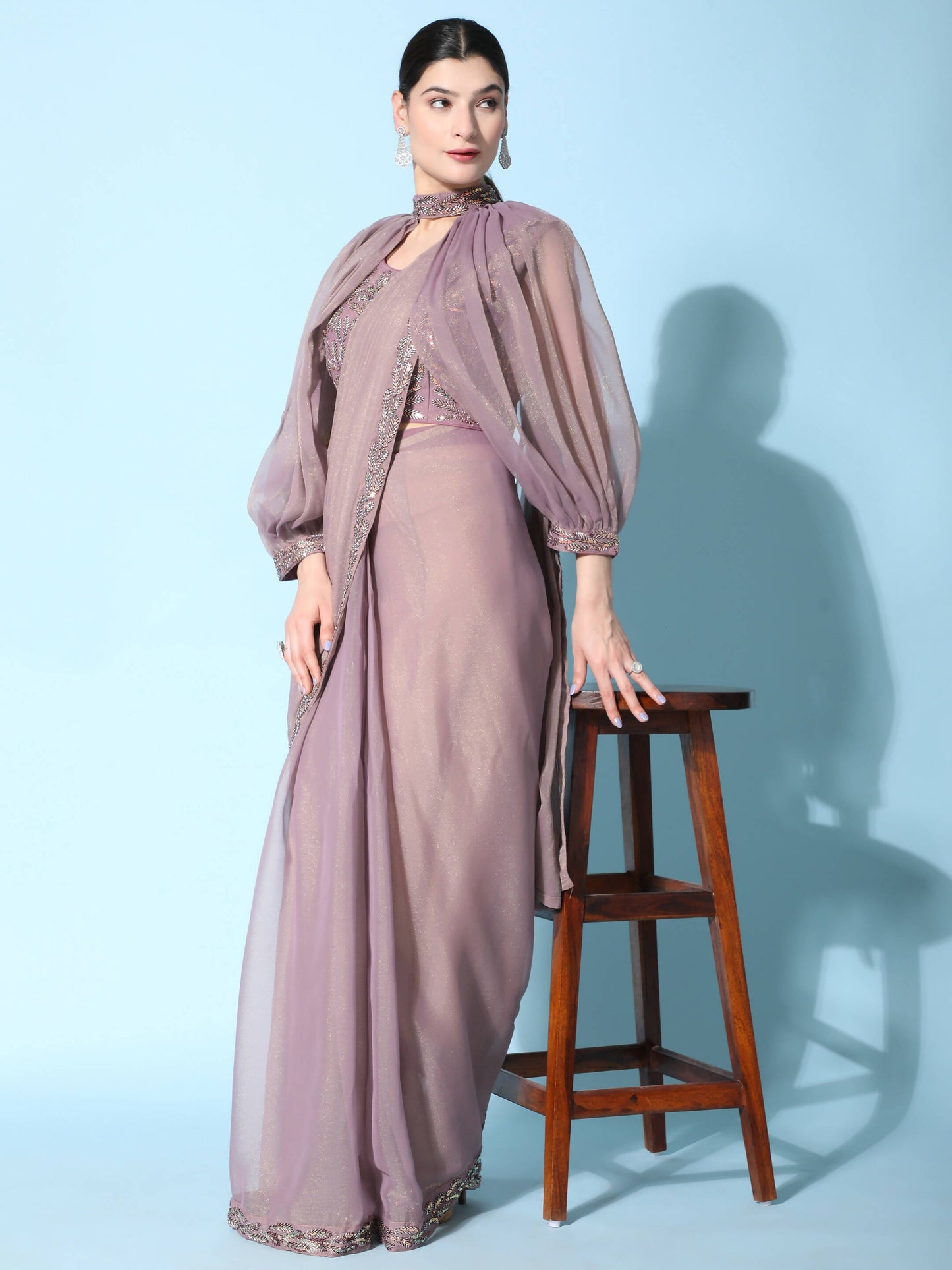 Purple Fancy Pure Fabric Plain Ready to wear Saree with stitched Blouse - Vrinda | Swadesiicart