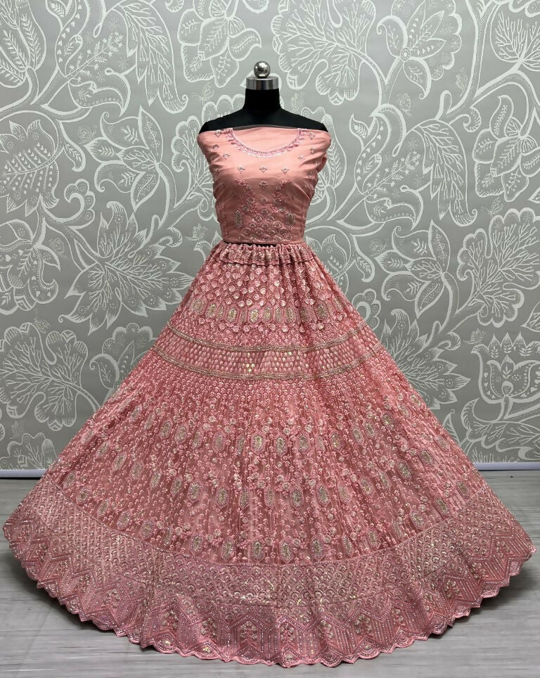 Jyoti Fashion Women's Pink Heavy Net Fancy Dori, Multi Thread, Rainbow Sequins and Diamond Work Wedding Lehenga Choli | Swadesiicart