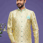 Raivat Ethnic Banarasi Jacquard Embroidery Semi Indo Western Sherwani In Gold Colour | Swadesiicart