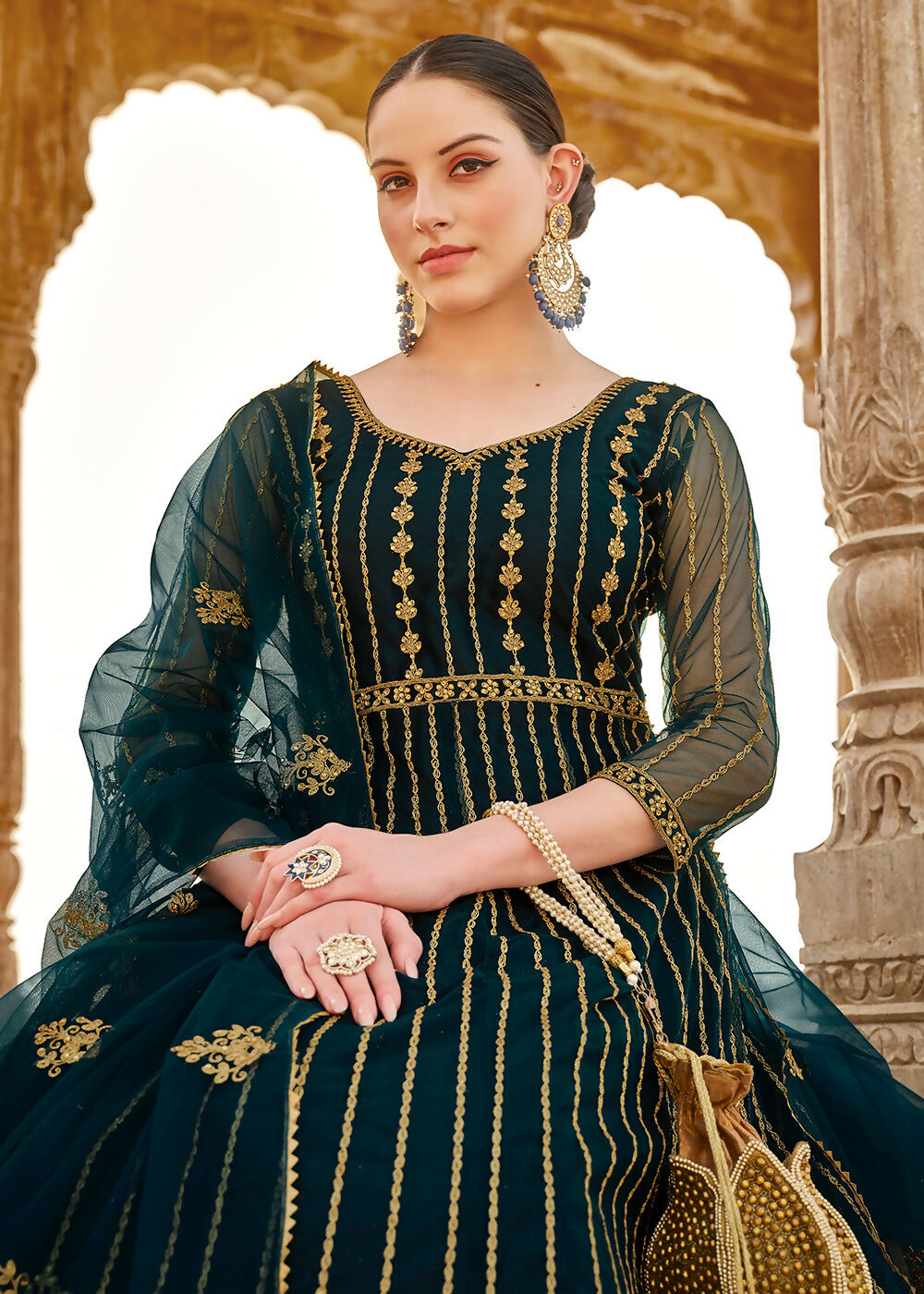 Heavy Stone Embroidered Peacock Blue Designer Anarkali Suit - Emponline | Swadesiicart