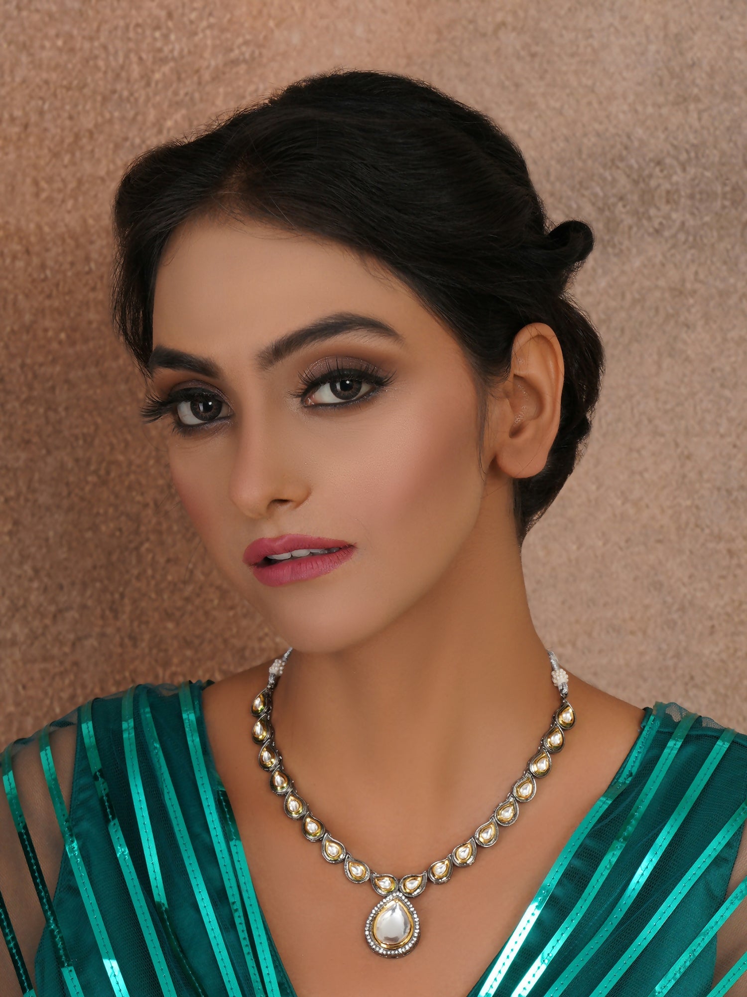 Dual Tone Kundan Neckpiece (silver) - Ruby Raang | Swadesiicart