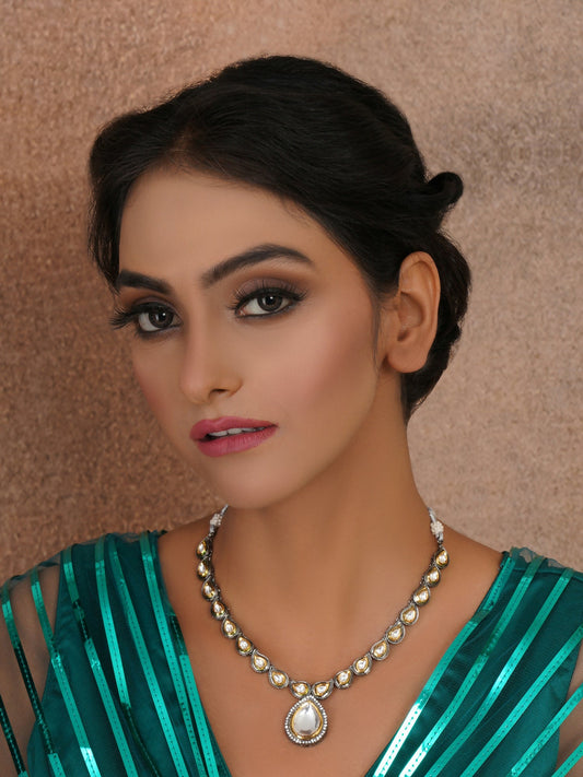 Dual Tone Kundan Neckpiece (silver) - Ruby Raang | Swadesiicart