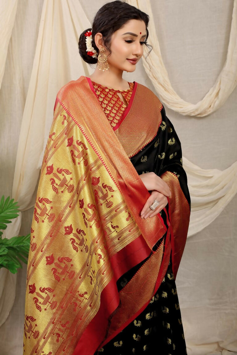 Jyoti Fashion Women's Black Banarasi Silk Zari Woven Saree with Blouse | Swadesiicart