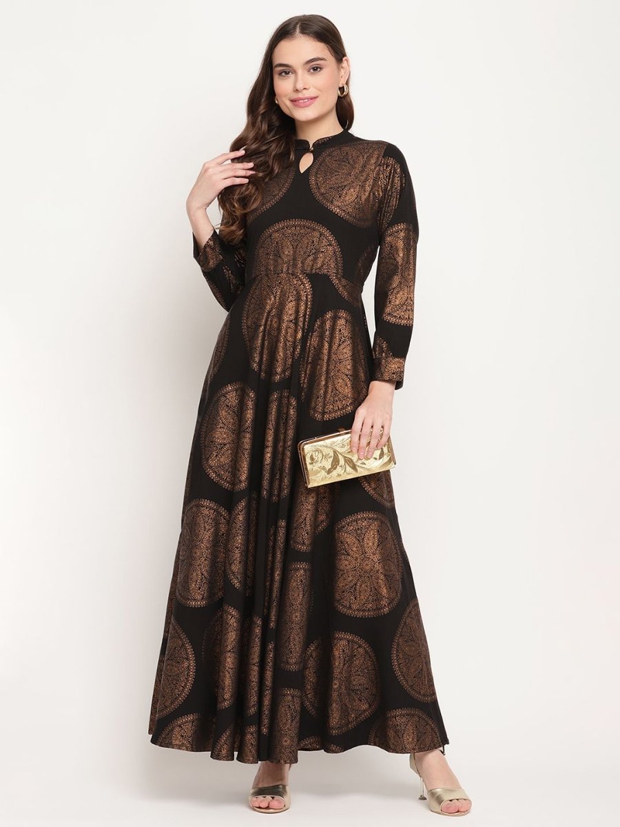Ahalyaa Women Black Crepe Copper Foil Print Dress | Swadesiicart