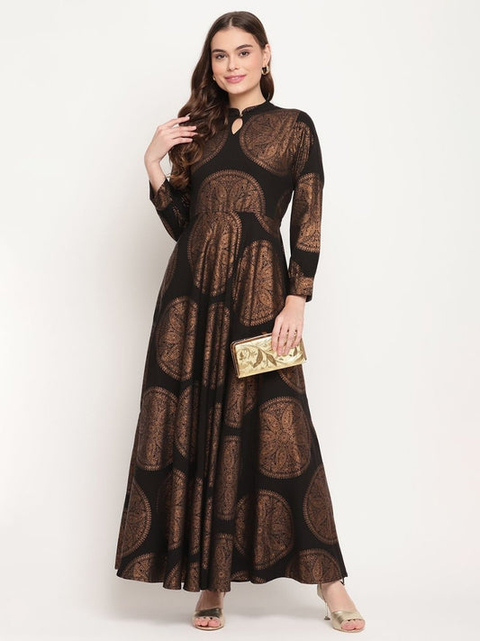Ahalyaa Women Black Crepe Copper Foil Print Dress | Swadesiicart