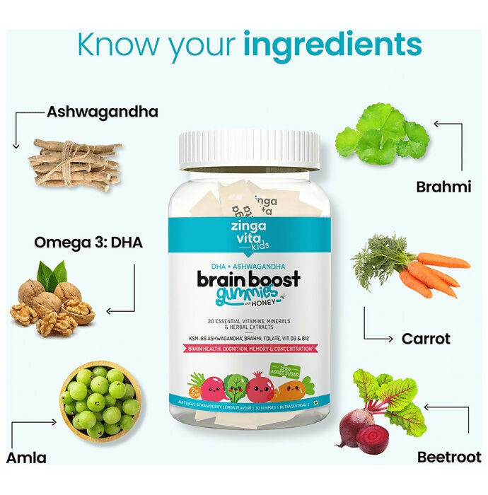 Zingavita DHA Brain Boost Gummies for Kids (2+ yrs) Strawberry Lemon Flavor | Swadesiicart
