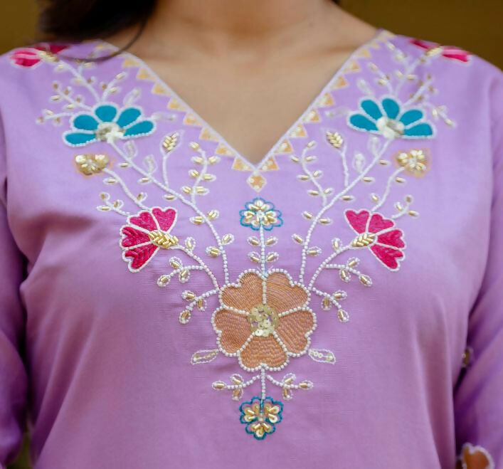 The52 Lavender Women's Gorgeous Embroidered work Viscose Gadhwal Fabric Straight Kurta, Pant and Dupatta Set - Swadesiicart