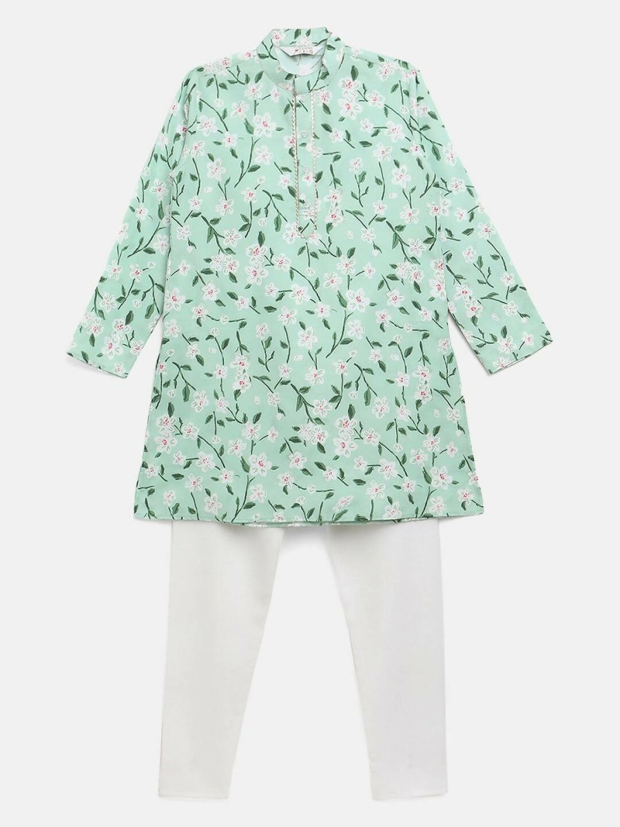 Ahalyaa Mint Green Poly Rayon Digital Print Kids Kurta Churidar Set For Boys | Swadesiicart