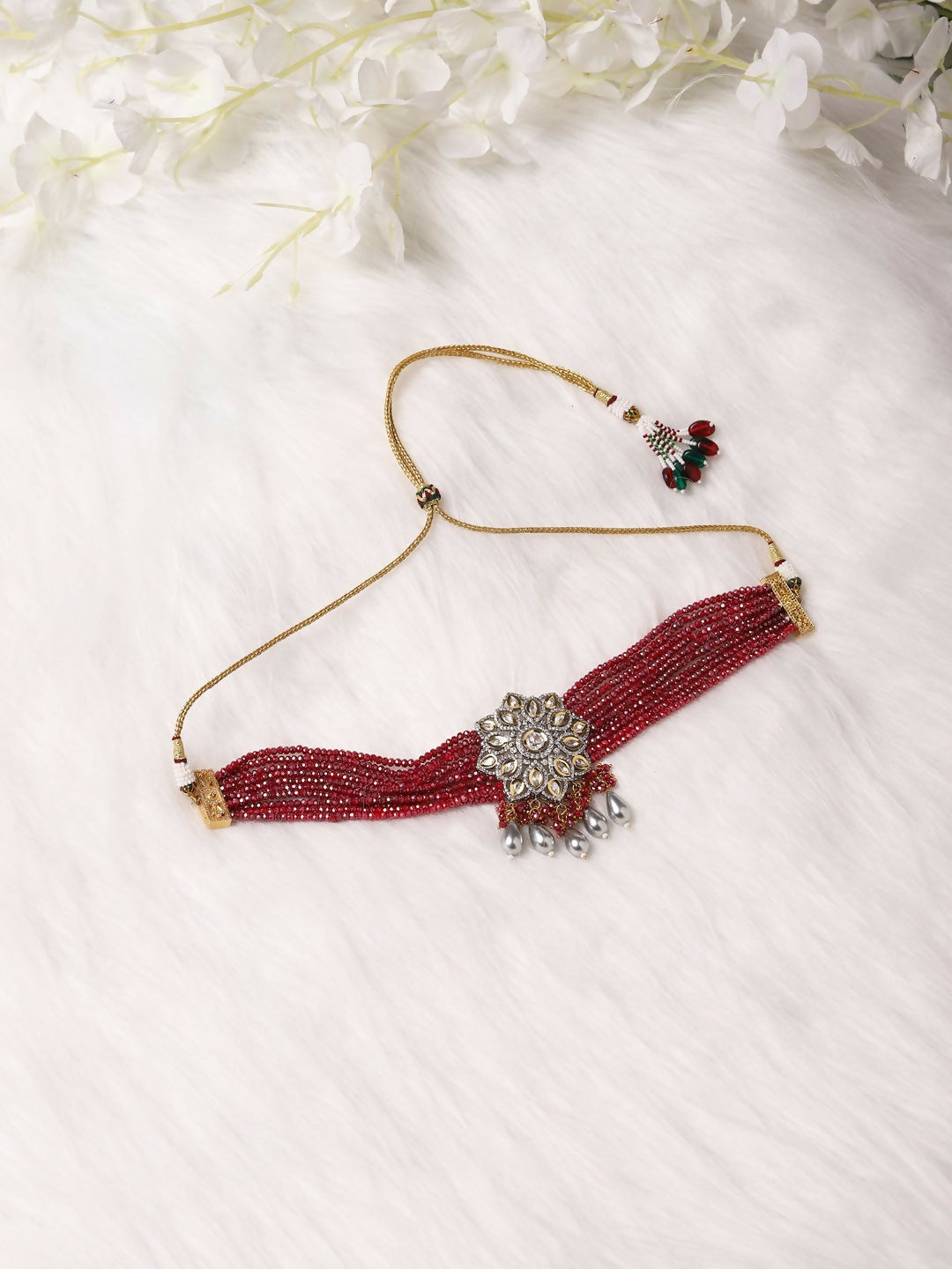 Maroon Kundan Choker with Pearl Drops- Ruby Raang | Swadesiicart