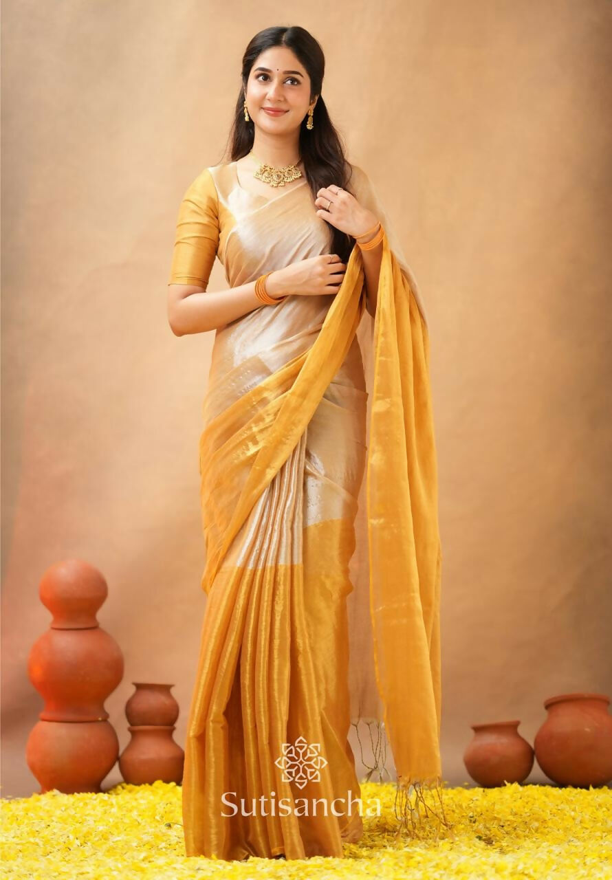 Exclusive Collection Beautiful Yellow Tissue Silk Hand Weaving Handloom Saree With Running Blouse Piece - Swadesiicart