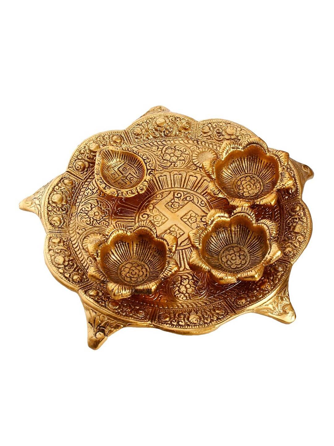 eCraftIndia Gold-Toned Swastik Pooja Thali Bowl & Diya Showpiece | Swadesiicart