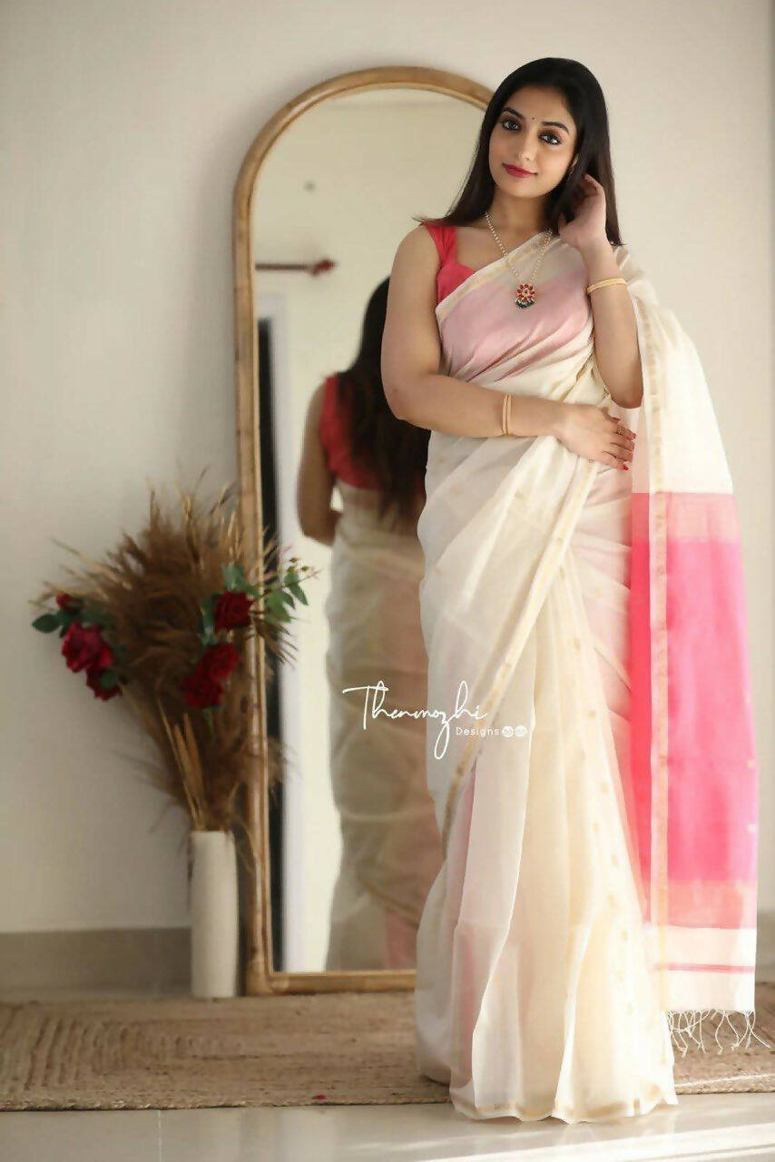 DEIANA'S Beautiful Designer Golden zari Soft Cotton Saree - White - Swadesiicart