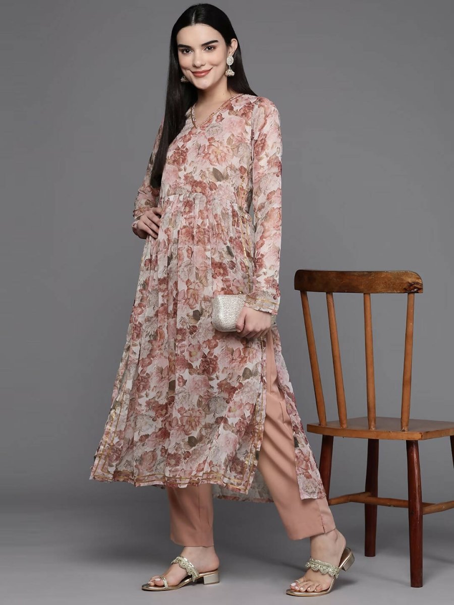 Ahalyaa Women Floral Printed Pleated Gotta Patti Kurta with Trousers - Brown Color | Swadesiicart