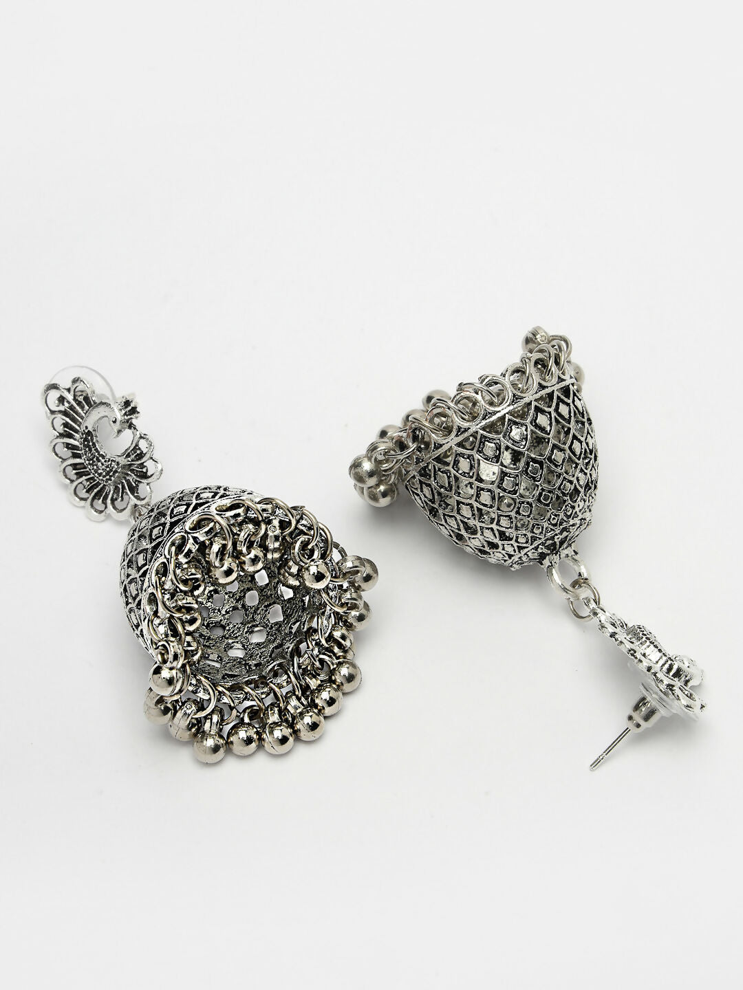 NVR Women's Set of 3 Silver-Toned German Silver Oxidised Dome Shaped Jhumka Earrings | Swadesiicart