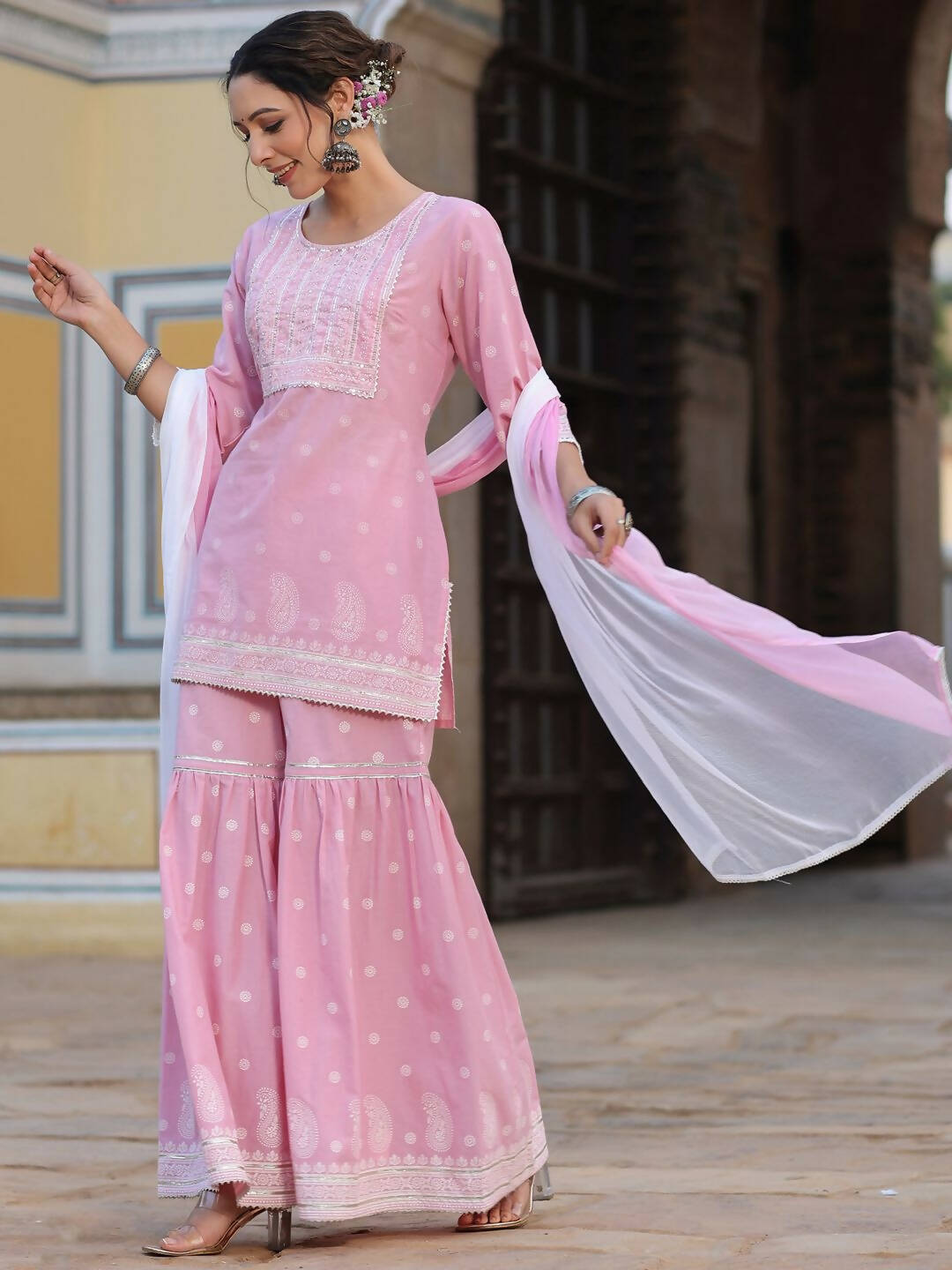 Juniper Women's Pink Cambric Floral Print Kurta Sharara Sets | Swadesiicart