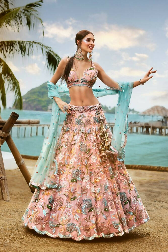 House of Panchhi Pink Net Sequins And Zarkan Embroidery Lehenga Choli & Dupatta | Swadesiicart