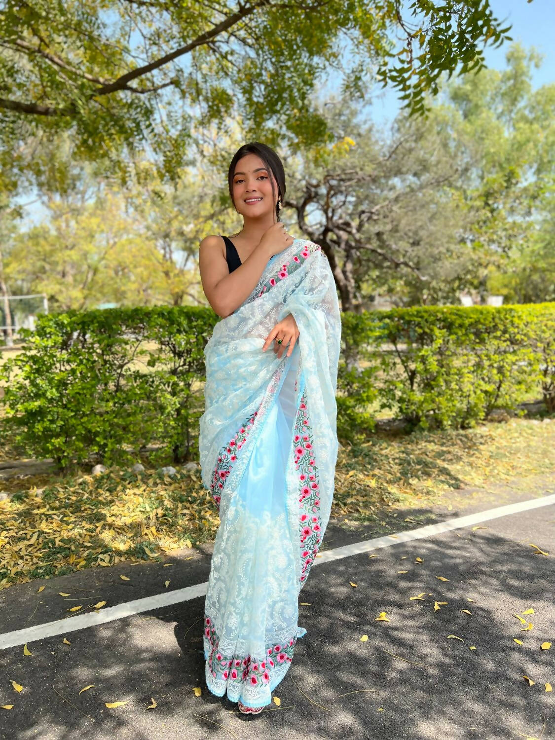 Vamsee Sky Blue Organza Saree - Swadesiicart