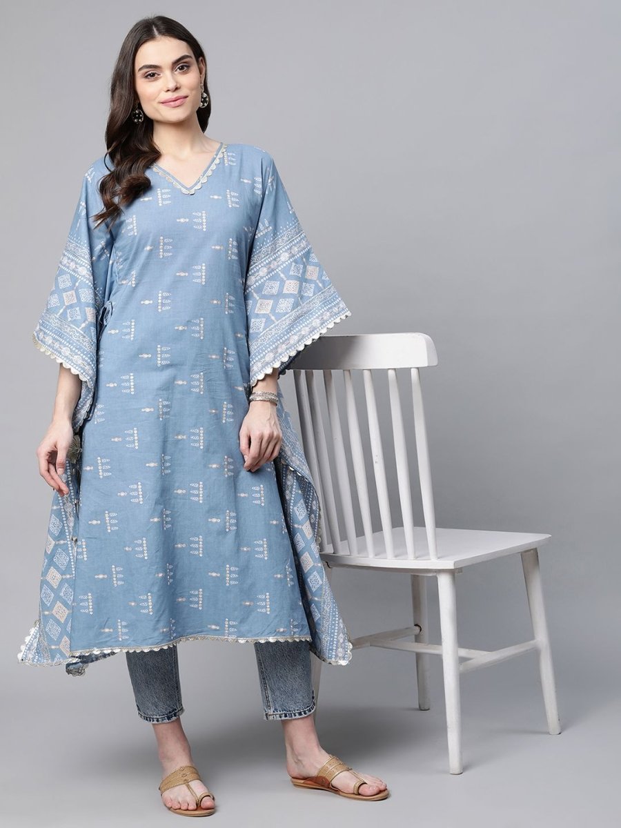 Ahalyaa Beige Pure Cotton Floral Printed Kaftan Kurta | Swadesiicart
