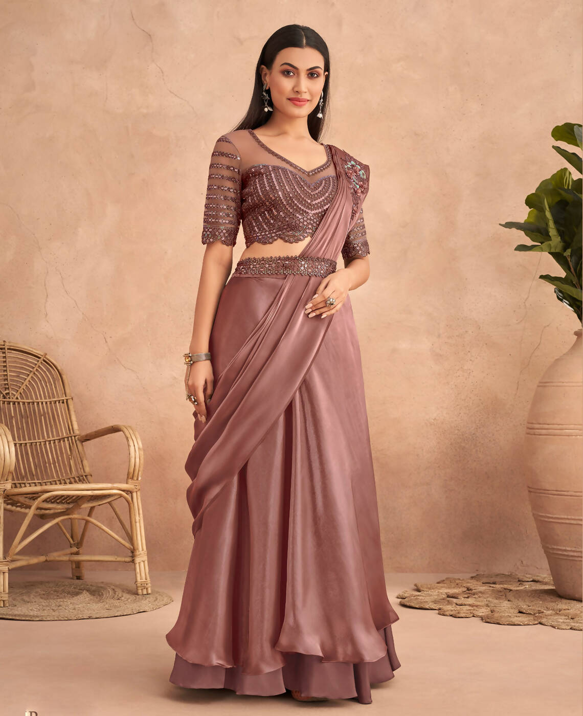 Dark Mauve Satin Embroidered Ready To Wear Saree With Unstitched Blouse Piece - Nandika | Swadesiicart