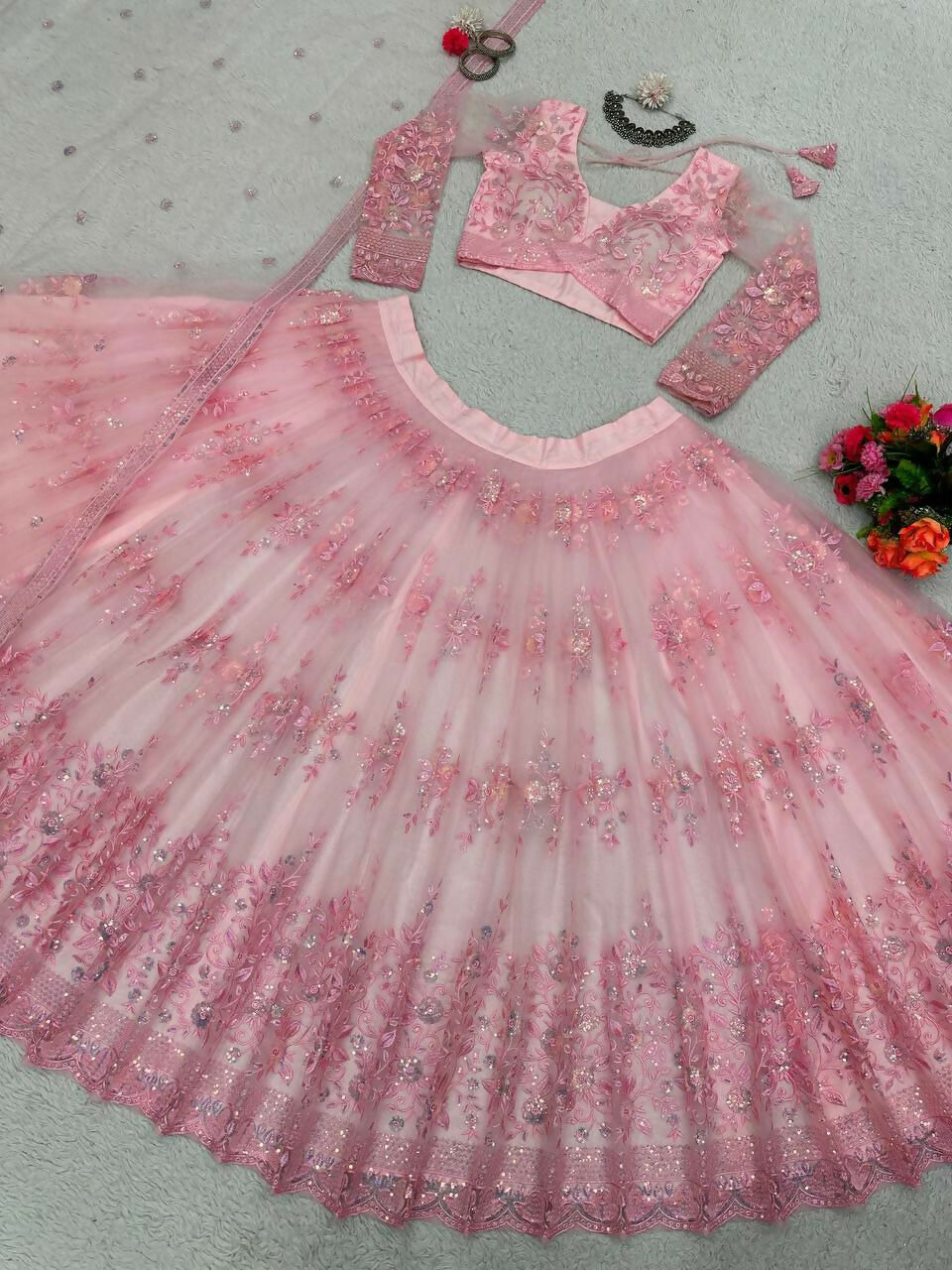 Jyoti Fashion Women's Baby Pink Soft Net Sequins with Thread Embroidered Designer Lehenga Choli Set | Swadesiicart