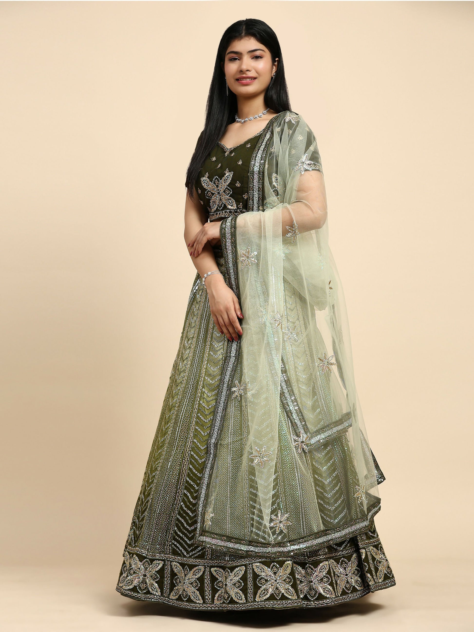 Green Fancy Net Sequence Embroidered Lehenga Choli with Dupatta - Dhara | Swadesiicart