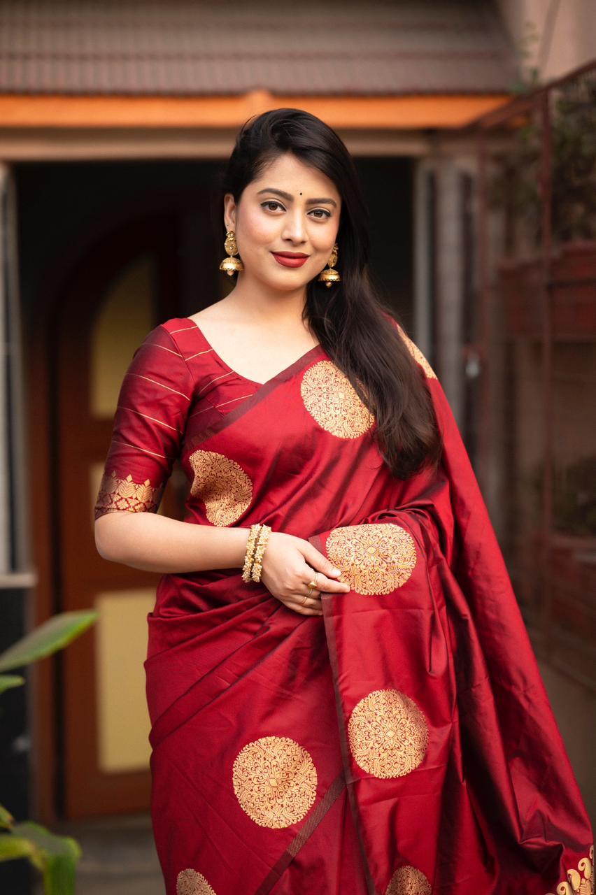 Maroon Silk Woven Saree with Unstitched Blouse - Hiral Fashion | Swadesiicart
