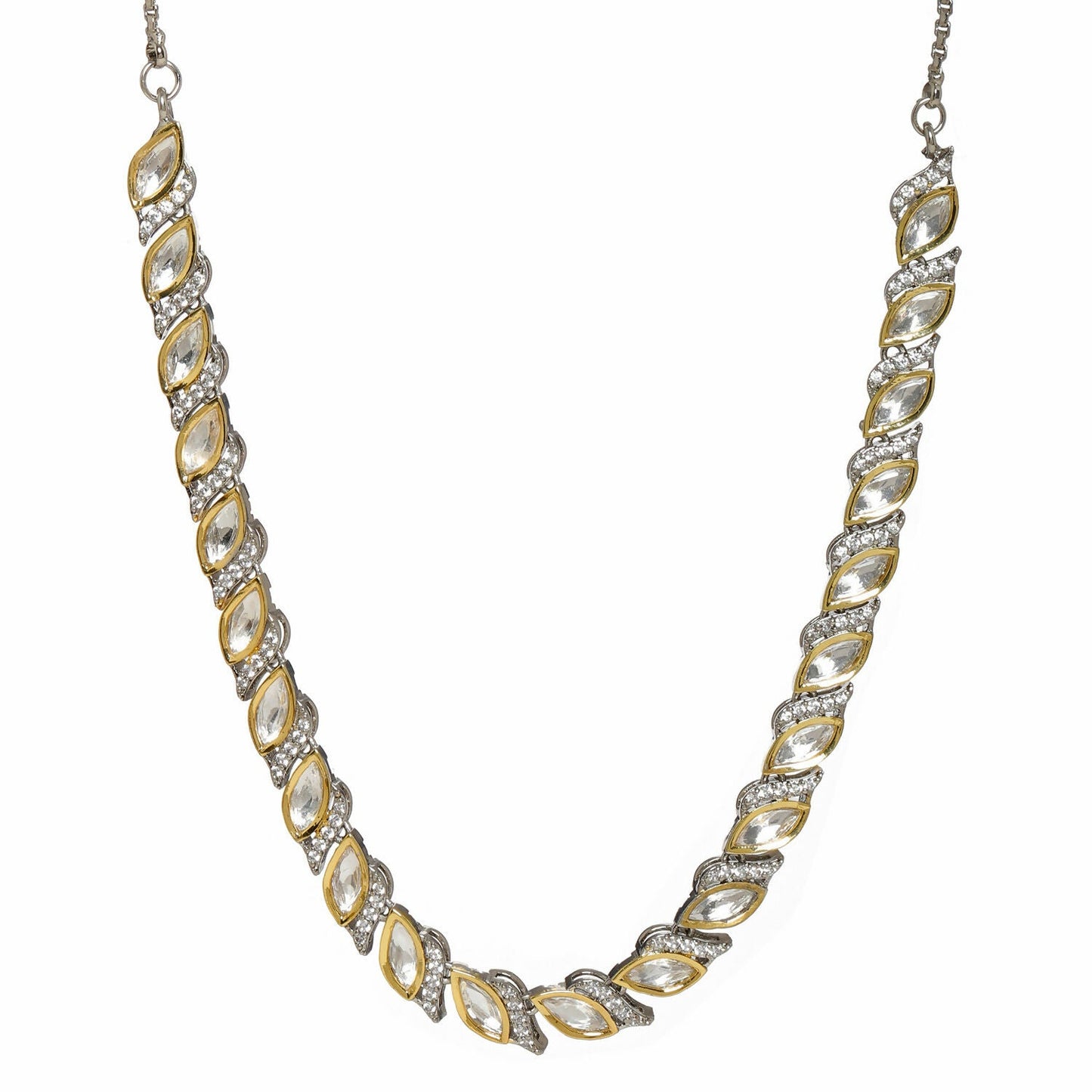 Leaf Shaped Neckpiece in Dual Tone Kundan and American Diamonds (Silver) - Ruby Raang | Swadesiicart