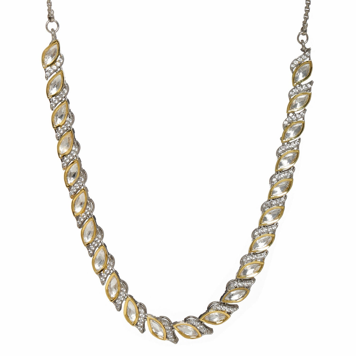 Leaf Shaped Neckpiece in Dual Tone Kundan and American Diamonds (Silver) - Ruby Raang | Swadesiicart