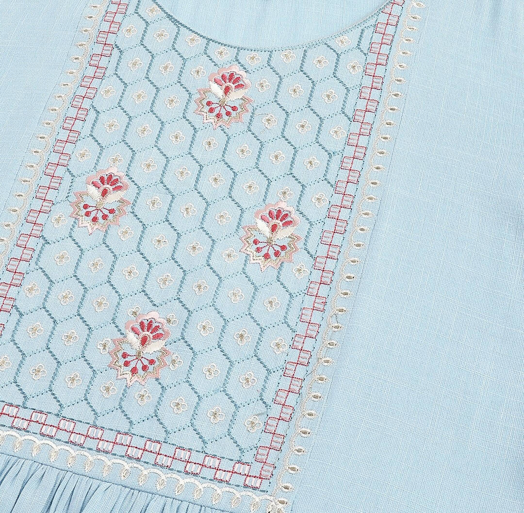 Light Blue Rayon Yoke Embroidered A-line Top - Tarini - Swadesiicart