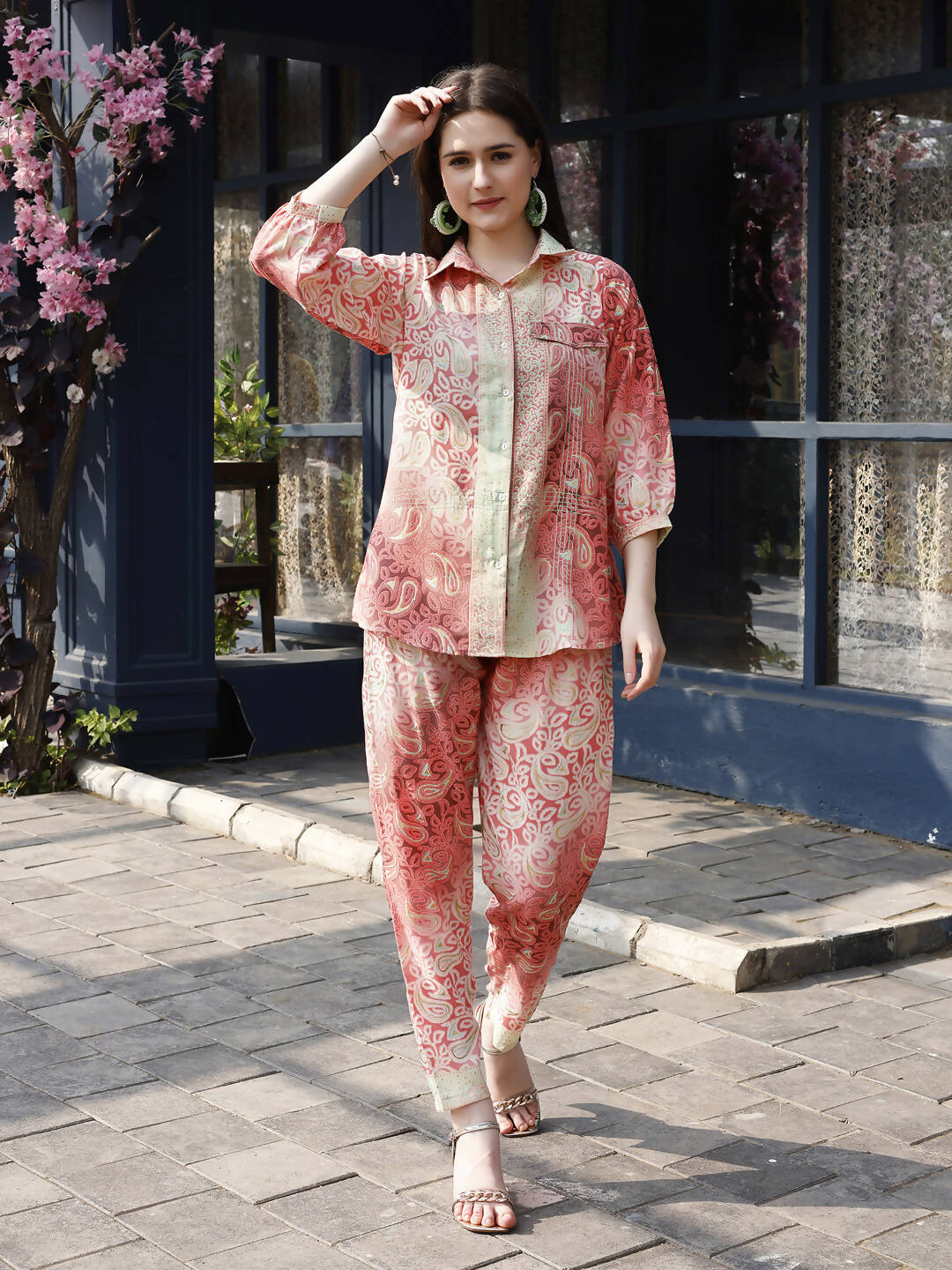 Red & Cream Rayon Paisley Printed Top with Matching Bottom - Eesha - Swadesiicart