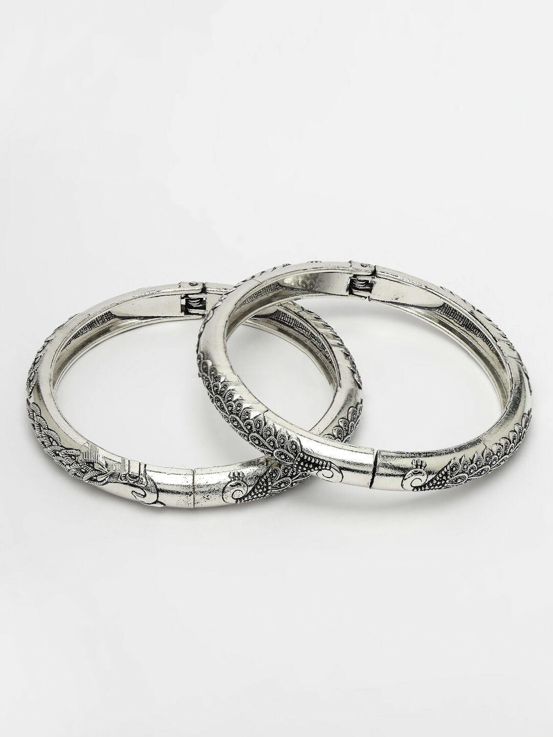 NVR Women's Silver-Toned German Silver Peacock Design Oxidised Kada Bangle - Swadesiicart