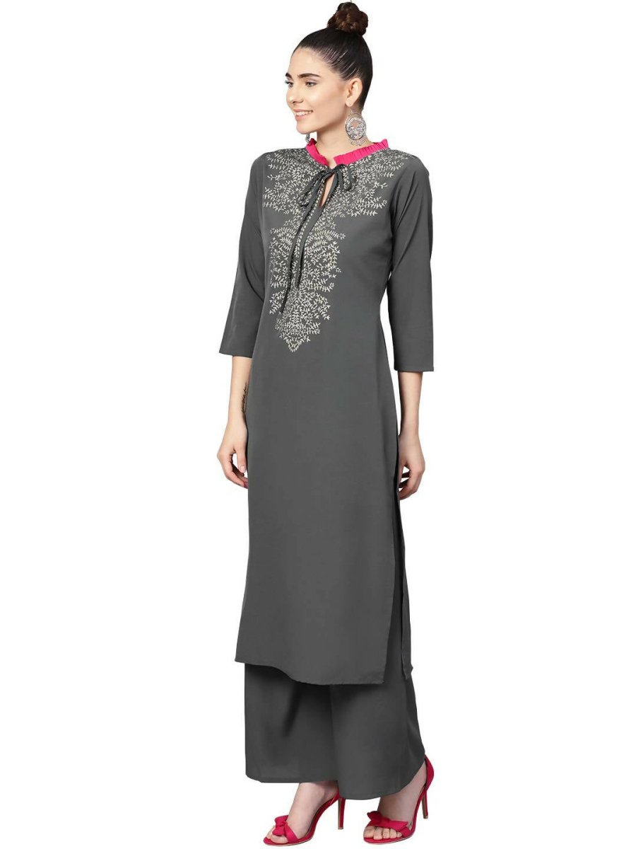 Ahalyaa Grey Crepe Printed Kurta Palazzo Set With Dupatta | Swadesiicart