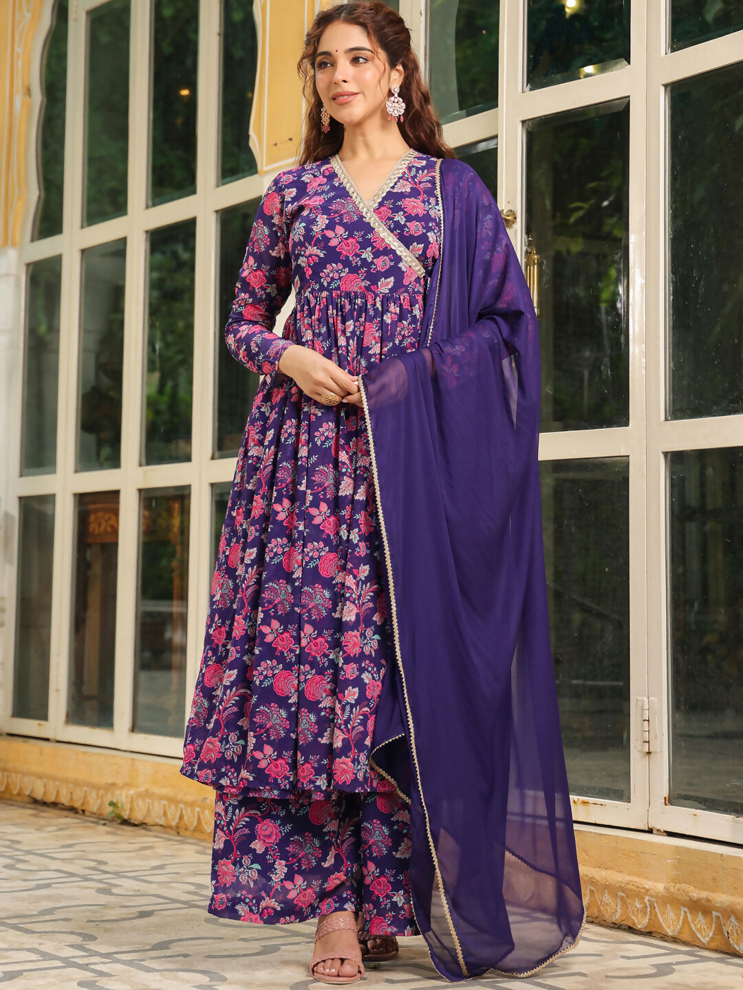 Janasya Purple Georgette Floral Kurta,Bottom & Dupatta | Swadesiicart