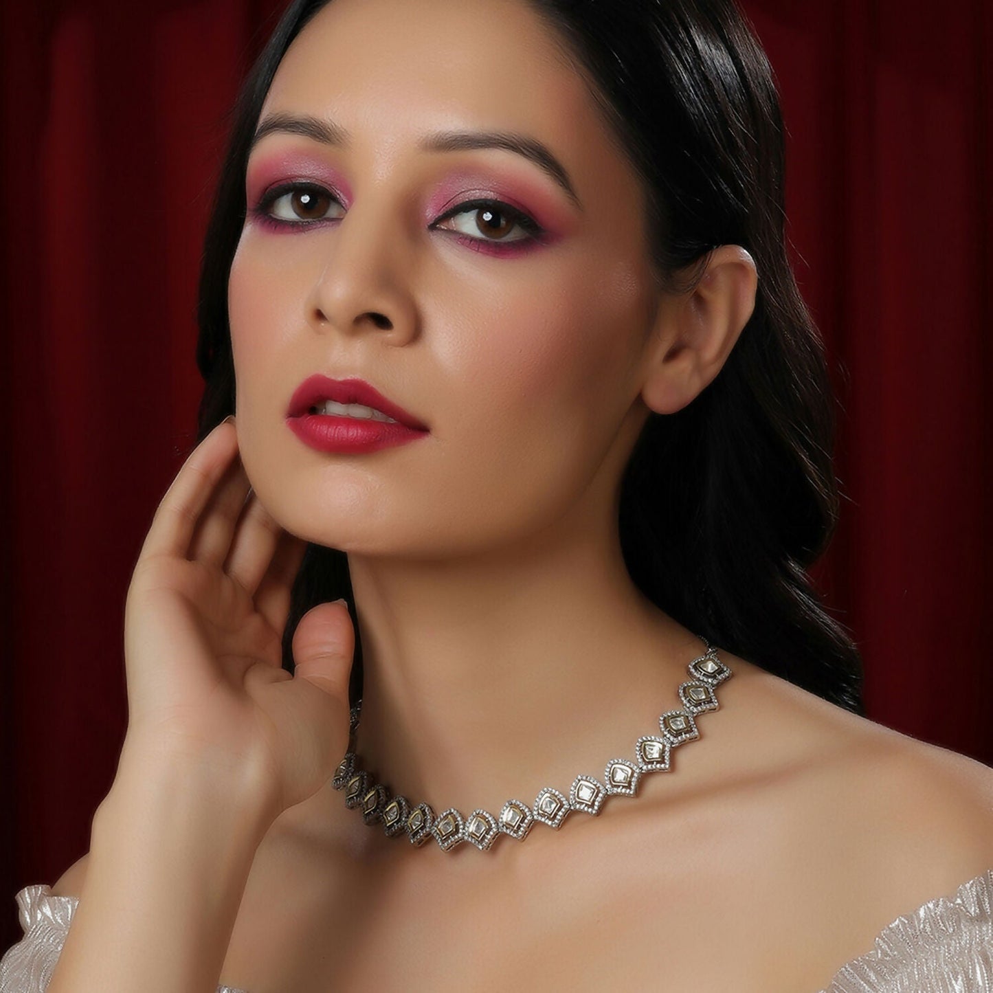 Silver Kundan and American Diamond Neckpiece (Silver) - Ruby Raang | Swadesiicart