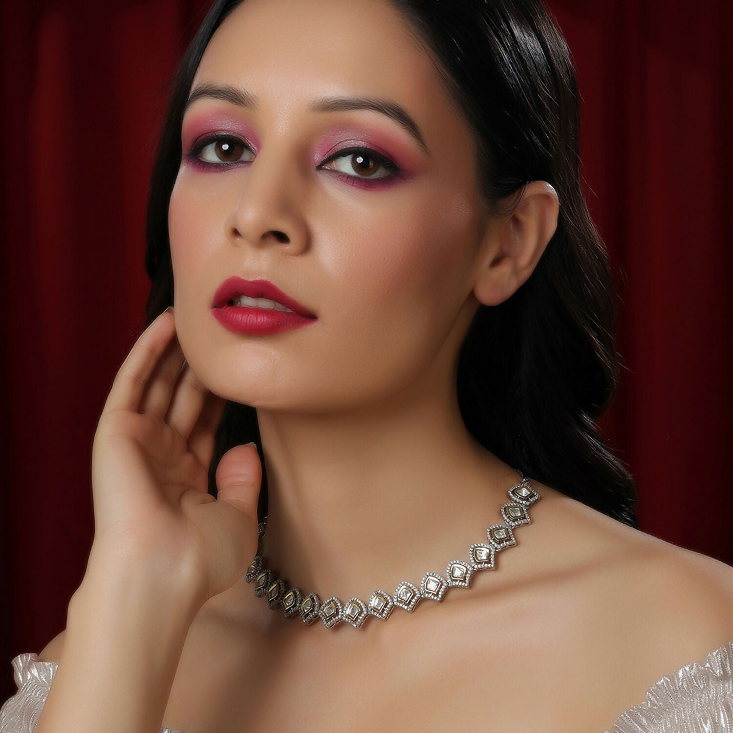 Silver Kundan and American Diamond Neckpiece (Silver) - Ruby Raang | Swadesiicart