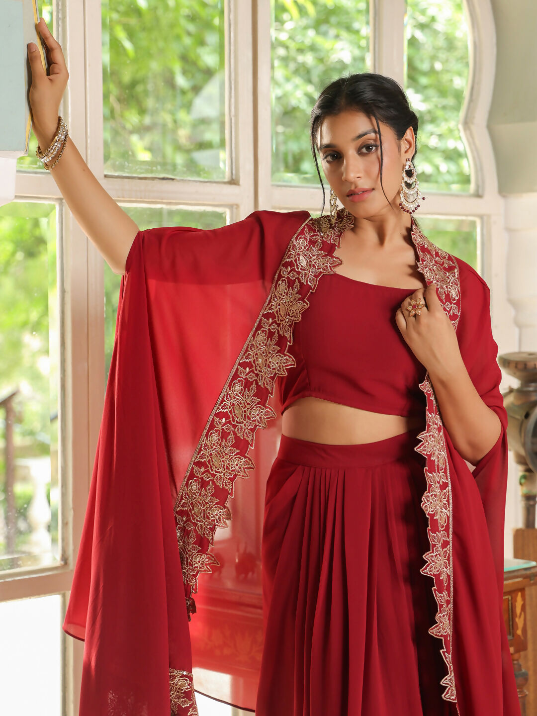Janasya Maroon Georgette Solid Top Bottom Cape | Swadesiicart