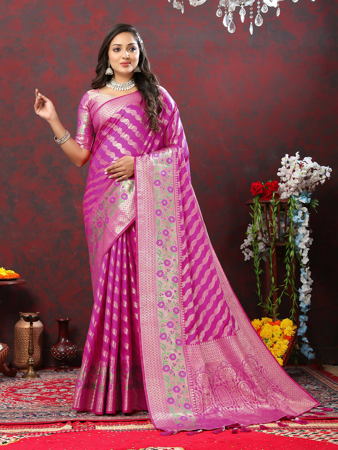 Lorenvalley Fashion Magenta Soft Silk Woven Design with Zari Weaving Leheriya Design Saree - Swadesiicart