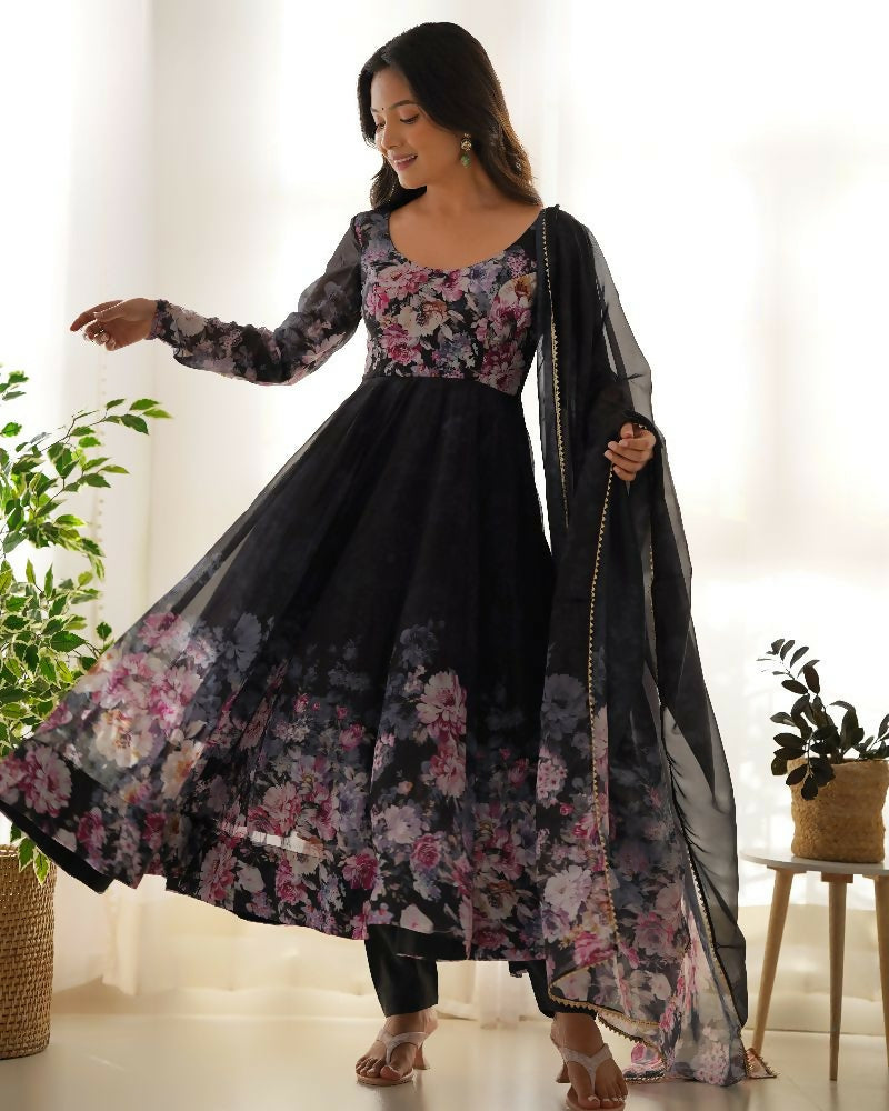 Joban Fashion Black Kurta Set Organza Sequin Embroidery Work - Swadesiicart