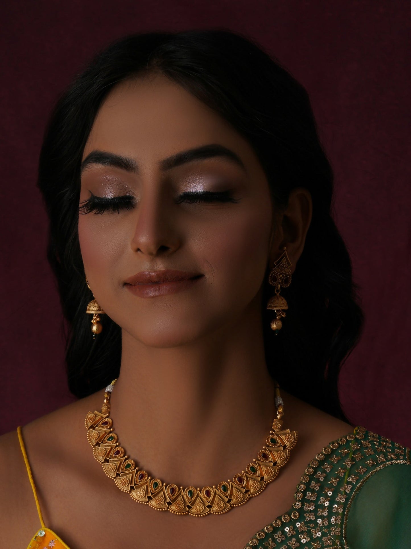 Temple Choker with Matching Jhumki Jewellery Set (Gold) - Ruby Raang - Ruby Raang Studio