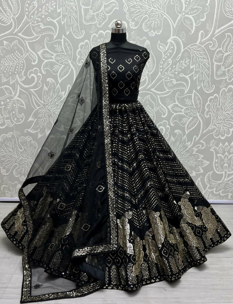 Jyoti Fashion Women's Black Bridal Net Fancy Foil & Sequins with Multi Thread Embroidered Wedding Lehenga Choli | Swadesiicart