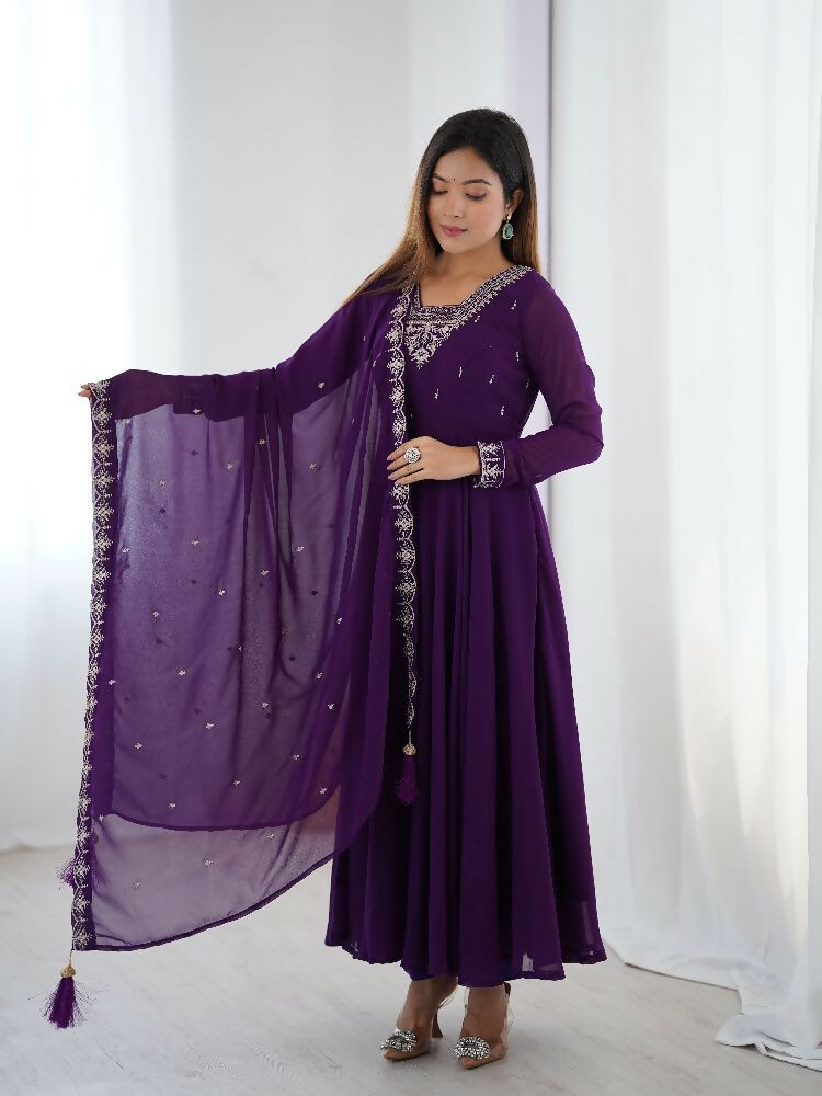 Joban Fashion Purple Kurta Set Georgette Sequence Embroidery Work - Swadesiicart