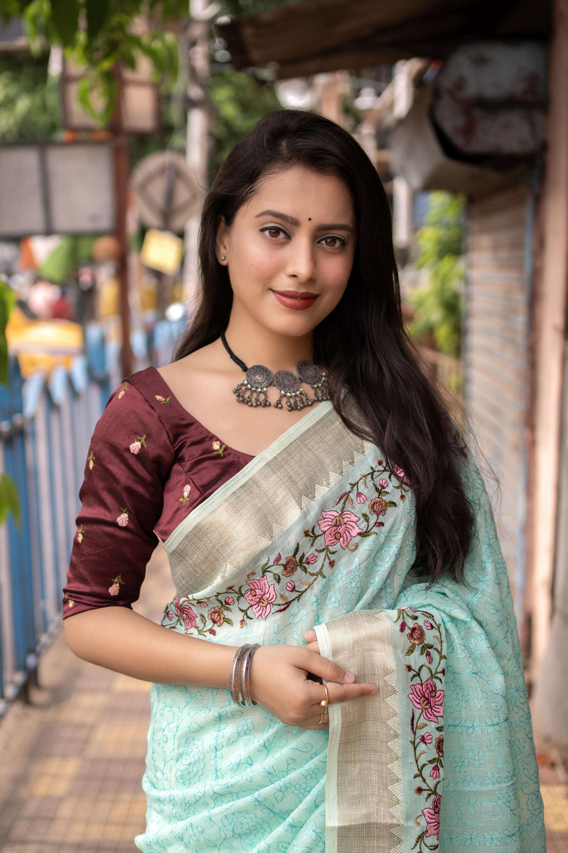 Blue Pure Linen Woven Design Saree with Unstitched Blouse - Hiral Fashion | Swadesiicart