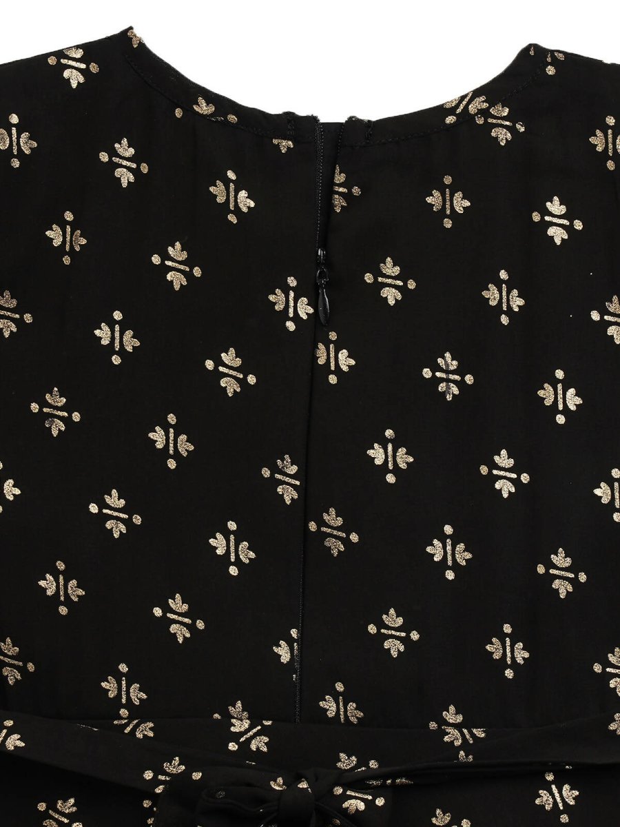 Ahalyaa Black Georgette Gold Foil Print Kids Peplum style Kurta Sharara Set With Dupatta For Girls | Swadesiicart